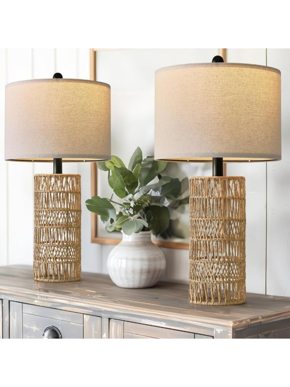 Set of 2 Boho Rattan Table Lamps for Living Room & Bedroom Decor - Retro Style